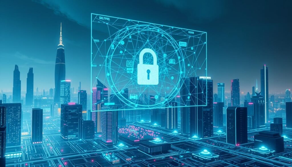 A sleek, futuristic cityscape with towering skyscrapers and glowing neon-lit holograms, bathed in a cool, minimalist color palette. In the foreground, a secure network of interconnected data hubs and servers, their intricate circuitry pulsing with digital energy. Looming over the scene, a massive, holographic display showcases a complex web of encrypted information, symbolizing the importance of information security in the modern, high-tech world. The atmosphere is one of technological sophistication and the constant need to protect sensitive data from cyber threats.