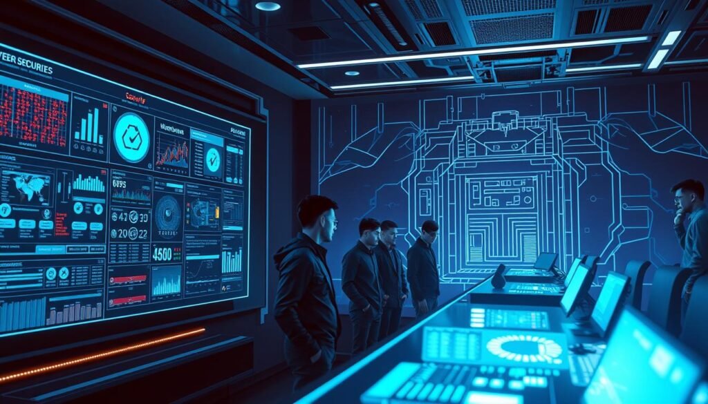 A sleek, futuristic command center showcasing advanced Linux security monitoring. The foreground features a large holographic display with real-time data visualizations, system alerts, and network traffic analysis. In the middle ground, a team of cybersecurity experts intently study the displays, their faces illuminated by the soft blue glow. The background depicts a stylized wireframe rendering of a secure server infrastructure, with ominous, looming shadows hinting at the ever-present threat of cyber attacks. The scene conveys a sense of vigilance, technical sophistication, and the relentless pursuit of protecting mission-critical Linux systems. A sleek, futuristic command center showcasing advanced Linux security monitoring. The foreground features a large holographic display with real-time data visualizations, system alerts, and network traffic analysis. In the middle ground, a team of cybersecurity experts intently study the displays, their faces illuminated by the soft blue glow. The background depicts a stylized wireframe rendering of a secure server infrastructure, with ominous, looming shadows hinting at the ever-present threat of cyber attacks. The scene conveys a sense of vigilance, technical sophistication, and the relentless pursuit of protecting mission-critical Linux systems.
