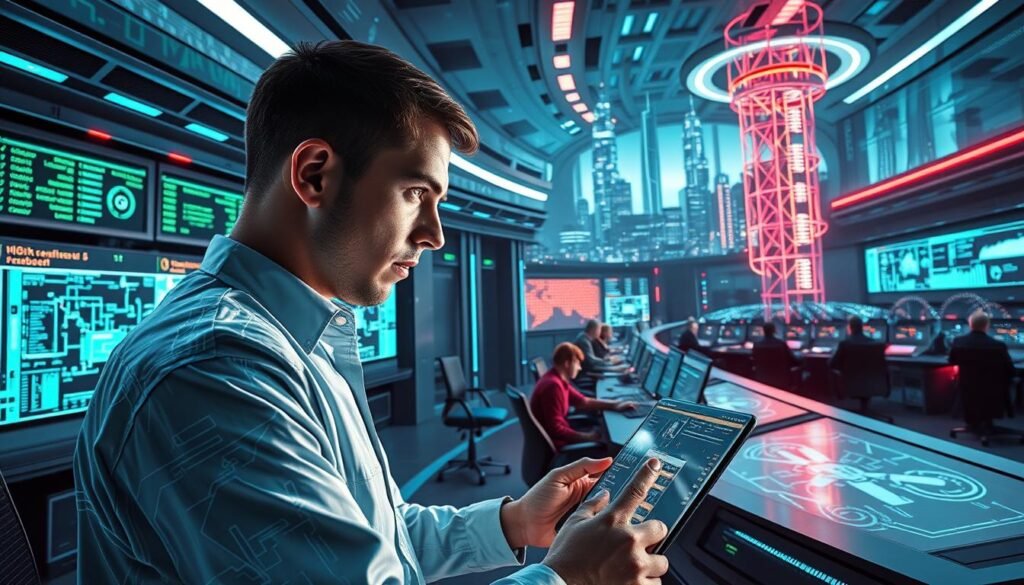 A sleek, futuristic command center with holographic displays and sophisticated security systems. In the foreground, a cybersecurity expert analyzes intricate network diagrams, their brow furrowed in concentration. Surrounding them, rows of high-tech workstations where teams monitor and defend against the onslaught of Hashcat attacks. The background is a stylized, minimalist landscape of gleaming towers and pulsing data streams, bathed in a cool, neon-tinged lighting that casts an air of technological prowess and vigilance. The overall scene conveys a sense of heightened security, advanced capabilities, and a relentless determination to thwart the threats posed by Hashcat.