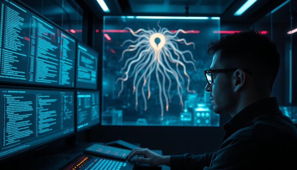 A sleek, futuristic control room with holographic displays and advanced monitoring systems. In the foreground, a cybersecurity analyst intently scanning lines of code and network traffic data, their face illuminated by the glow of the screens. In the middle ground, a large, transparent display shows a real-time visualization of a complex cyber threat, its intricate tendrils probing and infiltrating a secure network. The background is dimly lit, with subtle ambient lighting casting an ominous, high-tech atmosphere. Shadows and reflections on the displays create a sense of depth and immersion, emphasizing the critical nature of the cybersecurity detection process. A sleek, futuristic control room with holographic displays and advanced monitoring systems. In the foreground, a cybersecurity analyst intently scanning lines of code and network traffic data, their face illuminated by the glow of the screens. In the middle ground, a large, transparent display shows a real-time visualization of a complex cyber threat, its intricate tendrils probing and infiltrating a secure network. The background is dimly lit, with subtle ambient lighting casting an ominous, high-tech atmosphere. Shadows and reflections on the displays create a sense of depth and immersion, emphasizing the critical nature of the cybersecurity detection process.