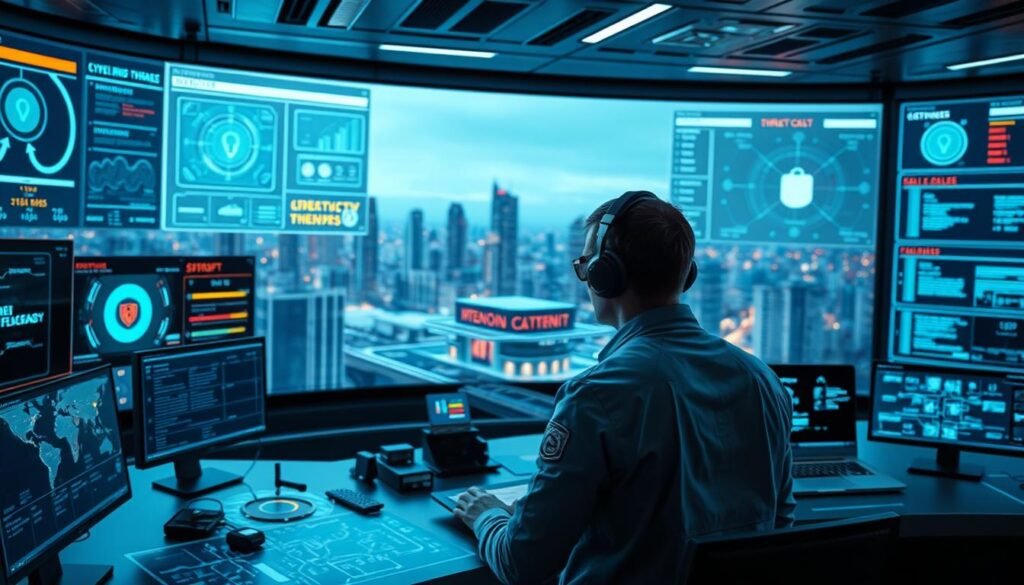 A sleek, futuristic control room with holographic displays showcasing various cybersecurity measures. In the foreground, a cybersecurity expert analyzes threat data, surrounded by intuitive interfaces and advanced monitoring tools. The middle ground features a 3D model of a network infrastructure, with protective firewalls and intrusion detection systems visually represented. The background depicts a cityscape, hinting at the broader context of urban connectivity and the need for robust digital defenses. Crisp lighting, clean lines, and a sense of technological prowess convey the proactive, forward-thinking approach to mitigating cybersecurity risks. A sleek, futuristic control room with holographic displays showcasing various cybersecurity measures. In the foreground, a cybersecurity expert analyzes threat data, surrounded by intuitive interfaces and advanced monitoring tools. The middle ground features a 3D model of a network infrastructure, with protective firewalls and intrusion detection systems visually represented. The background depicts a cityscape, hinting at the broader context of urban connectivity and the need for robust digital defenses. Crisp lighting, clean lines, and a sense of technological prowess convey the proactive, forward-thinking approach to mitigating cybersecurity risks.