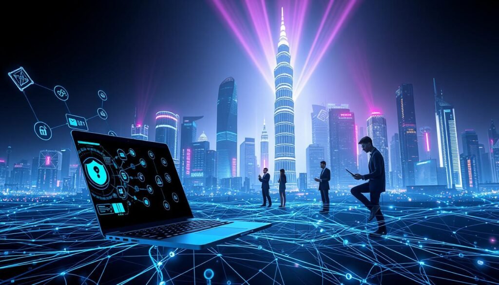 A sleek, futuristic cybersecurity career path depicted against a dynamic, neon-lit cityscape. In the foreground, a laptop and various cybersecurity icons float amidst a web of digital connections. The middle ground features silhouettes of professionals in cybersecurity roles, their laptops and devices glowing with data visualizations. In the background, a towering, hyper-modern city skyline is illuminated by striking beams of light, creating an aura of innovation and technological advancement. The scene is captured with a wide-angle lens, lending a sense of depth and grandeur, and lit by a cool, metallic palette that evokes the precision and power of the cybersecurity field.