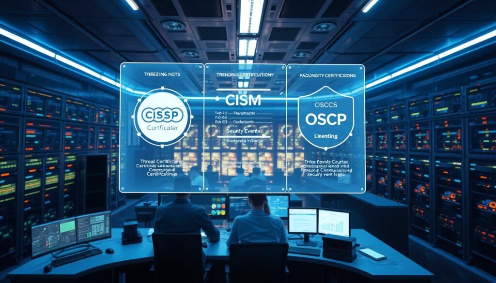 A sleek, futuristic cybersecurity control center illuminated by a soft blue glow. In the foreground, a holographic display showcases trending cybersecurity certifications and technologies, including CISSP, CISM, and OSCP. The middle ground features a team of security analysts intently monitoring threat dashboards and security event logs. In the background, a vast network of interconnected servers and data centers, their blinking lights and whirring fans creating a mesmerizing visual symphony. The scene conveys a sense of innovation, dynamism, and the ever-evolving nature of the cybersecurity industry. A sleek, futuristic cybersecurity control center illuminated by a soft blue glow. In the foreground, a holographic display showcases trending cybersecurity certifications and technologies, including CISSP, CISM, and OSCP. The middle ground features a team of security analysts intently monitoring threat dashboards and security event logs. In the background, a vast network of interconnected servers and data centers, their blinking lights and whirring fans creating a mesmerizing visual symphony. The scene conveys a sense of innovation, dynamism, and the ever-evolving nature of the cybersecurity industry.