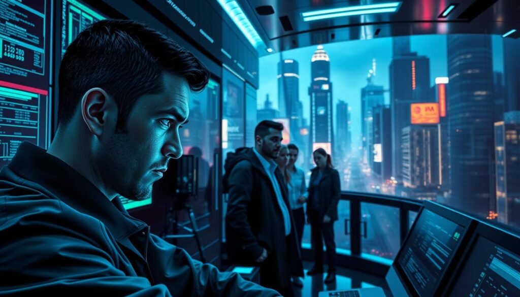 A sleek, futuristic cybersecurity control room, bathed in a cool, blue-green glow. In the foreground, a security analyst intently monitors a bank of high-resolution displays, eyes narrowed with concentration as they parse complex data streams. In the middle ground, a team of experts collaborate, their expressions a mix of determination and concern as they navigate the challenges of protecting digital assets. The background showcases a dynamic cityscape, its towering skyscrapers and bustling streets a testament to the relentless march of technology, and the ever-present need for robust cybersecurity measures. The lighting is crisp, the atmosphere tense yet resolute, conveying the high-stakes nature of this crucial field.