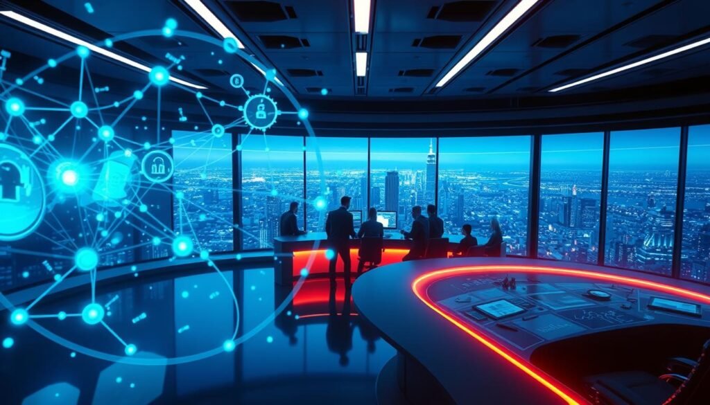 A sleek, futuristic cybersecurity control room. In the foreground, a network diagram floats holographically, with various nodes and connections pulsing with data. In the middle ground, a team of cybersecurity professionals huddle around a large, curved display, analyzing threat patterns and strategizing responses. The room is bathed in a cool, blue-tinted lighting, creating an atmosphere of intense focus and technological prowess. The background features a panoramic window overlooking a vast, interconnected cityscape, symbolizing the vast reach and complexity of modern cybersecurity challenges.