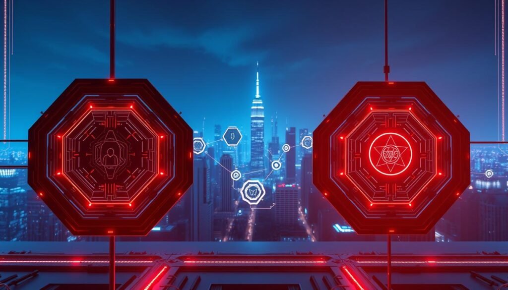 A sleek, futuristic cybersecurity framework, rendered in a high-tech, minimalist style. In the foreground, a series of interconnected hexagonal modules represent the various layers of defense, each with intricate circuitry and glowing holographic interfaces. The middle ground features a dramatic cityscape, with towering skyscrapers and a gleaming, digital skyline, symbolizing the real-world risks that the framework aims to protect against. The background is bathed in a soft, blue-tinted glow, creating a sense of depth and emphasizing the technological nature of the scene. The overall composition conveys a sense of power, precision, and unwavering security. A sleek, futuristic cybersecurity framework, rendered in a high-tech, minimalist style. In the foreground, a series of interconnected hexagonal modules represent the various layers of defense, each with intricate circuitry and glowing holographic interfaces. The middle ground features a dramatic cityscape, with towering skyscrapers and a gleaming, digital skyline, symbolizing the real-world risks that the framework aims to protect against. The background is bathed in a soft, blue-tinted glow, creating a sense of depth and emphasizing the technological nature of the scene. The overall composition conveys a sense of power, precision, and unwavering security.