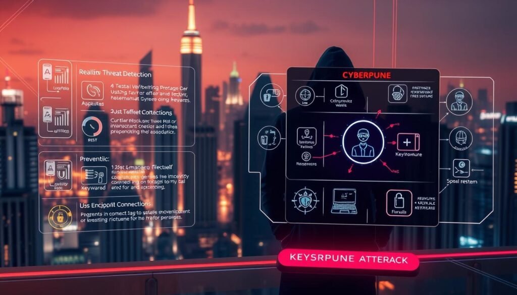 A sleek, futuristic cybersecurity interface hovers in the foreground, displaying real-time threat detection and preventive measures against keylogging attacks. In the middle ground, a shadowy hacker figure is thwarted by a multilayered defense system of firewalls, encrypted connections, and anti-malware tools. In the background, a cityscape of high-rise buildings is illuminated by a warm, subdued lighting, conveying a sense of secure digital infrastructure. The scene exudes a mood of technological sophistication and proactive vigilance against emerging cyber threats.