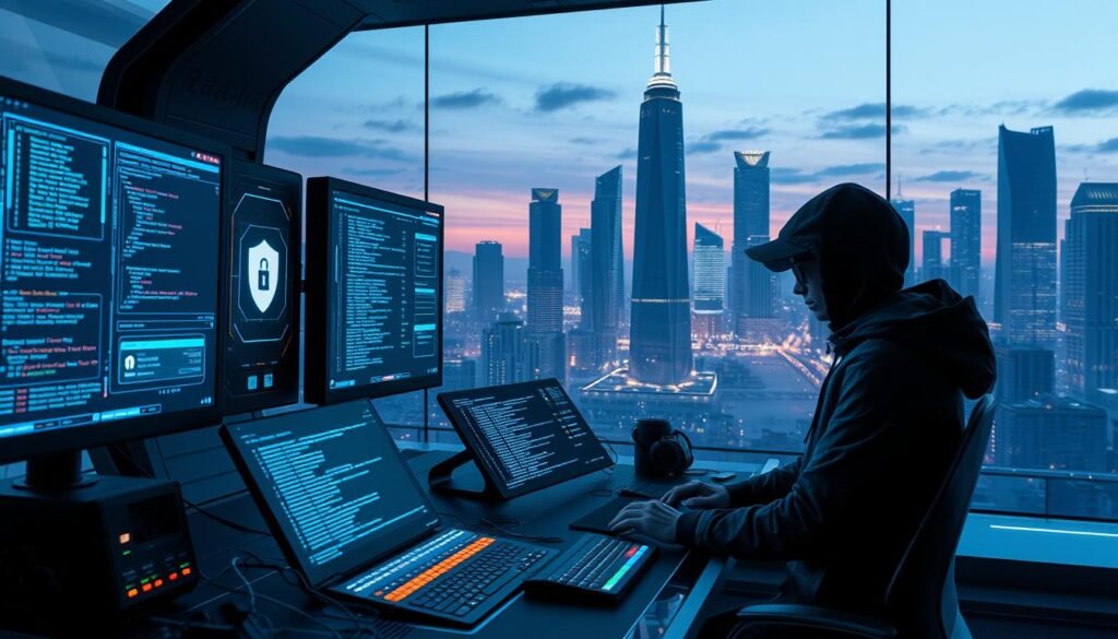 A sleek, futuristic cybersecurity workstation with multiple holographic displays and a sophisticated control panel. In the foreground, a skilled ethical hacker is navigating intricate lines of code, their face illuminated by the soft glow of the screens. The middle ground features various security tools and monitoring systems, while the background showcases a stylized, minimalist cityscape with towering skyscrapers and a twilight sky. The scene conveys a sense of focus, professionalism, and the responsible application of hacking expertise for the greater good. A sleek, futuristic cybersecurity workstation with multiple holographic displays and a sophisticated control panel. In the foreground, a skilled ethical hacker is navigating intricate lines of code, their face illuminated by the soft glow of the screens. The middle ground features various security tools and monitoring systems, while the background showcases a stylized, minimalist cityscape with towering skyscrapers and a twilight sky. The scene conveys a sense of focus, professionalism, and the responsible application of hacking expertise for the greater good.