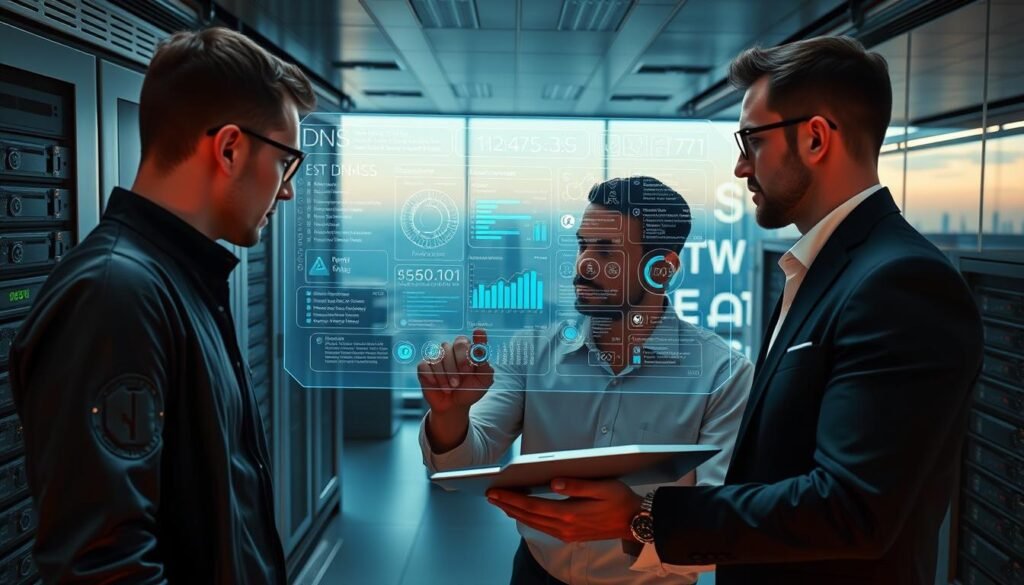 A sleek, futuristic data center with a central focus on a holographic DNS management console. The console displays a comprehensive view of network topology, DNS records, and real-time monitoring data. In the foreground, a team of IT professionals closely examine the console, their expressions intent as they navigate the intuitive interface. Soft, indirect lighting casts a warm glow, conveying a sense of professionalism and control. The middle ground features state-of-the-art server racks and cooling systems, while the background showcases a panoramic cityscape view through floor-to-ceiling windows, emphasizing the scale and importance of reliable DNS infrastructure. A sleek, futuristic data center with a central focus on a holographic DNS management console. The console displays a comprehensive view of network topology, DNS records, and real-time monitoring data. In the foreground, a team of IT professionals closely examine the console, their expressions intent as they navigate the intuitive interface. Soft, indirect lighting casts a warm glow, conveying a sense of professionalism and control. The middle ground features state-of-the-art server racks and cooling systems, while the background showcases a panoramic cityscape view through floor-to-ceiling windows, emphasizing the scale and importance of reliable DNS infrastructure.
