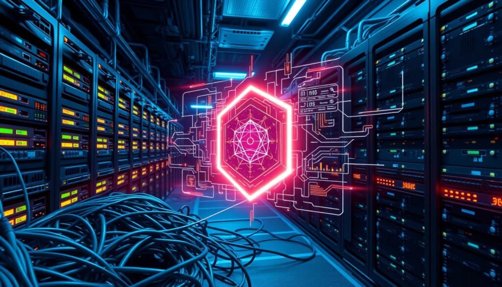A sleek, futuristic data center with rows of networked servers and blinking indicator lights. In the foreground, a complex web of cables and ethernet connections, symbolizing the intricate internal network infrastructure. The middle ground features a holographic firewall interface, with glowing geometric shapes and data visualizations. The background is bathed in a cool, bluish lighting, creating a sense of technological sophistication and security. The overall scene conveys the power and complexity of internal network protection, ready to safeguard digital assets from potential threats.