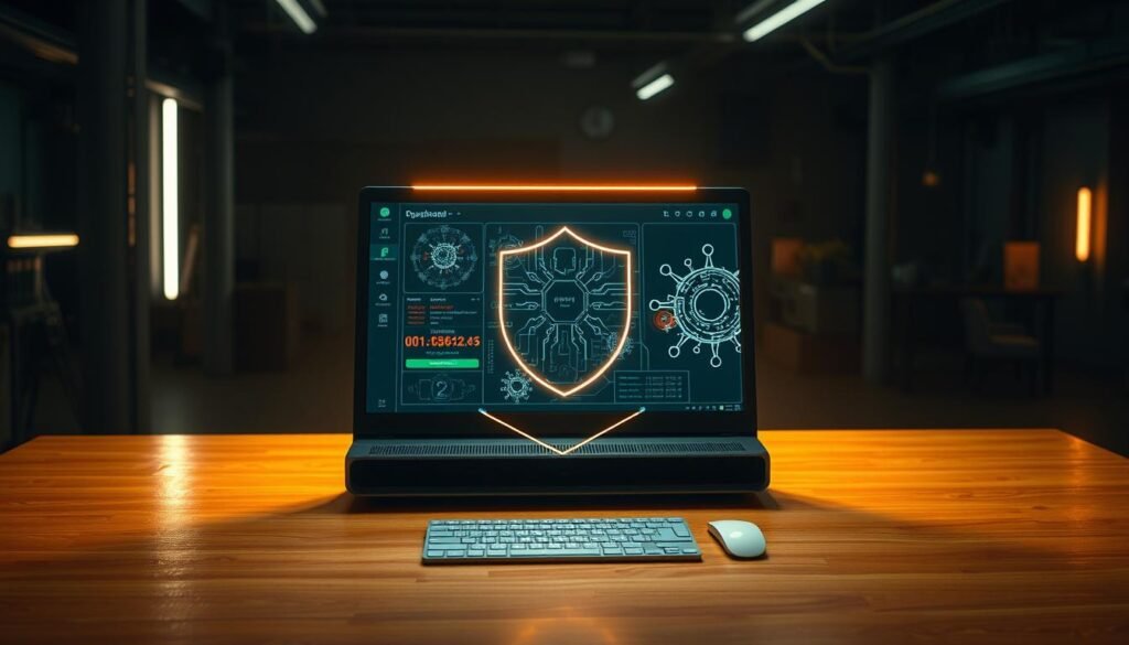 A sleek, futuristic desktop computer sitting on a minimalist wooden desk, its screen displaying an intricate cybersecurity dashboard. In the foreground, a glowing holographic shield emanates from the device, symbolizing its protective capabilities against digital threats. The middle ground features a transparent wireframe model of a virus and malware, conveying the technical nature of the subject matter. The background is a dimly lit, industrial-style environment, with subtle neon accents and shadows, creating a sense of technological sophistication and security. Warm, diffused lighting illuminates the scene, casting a reassuring glow on the protective measures being taken.