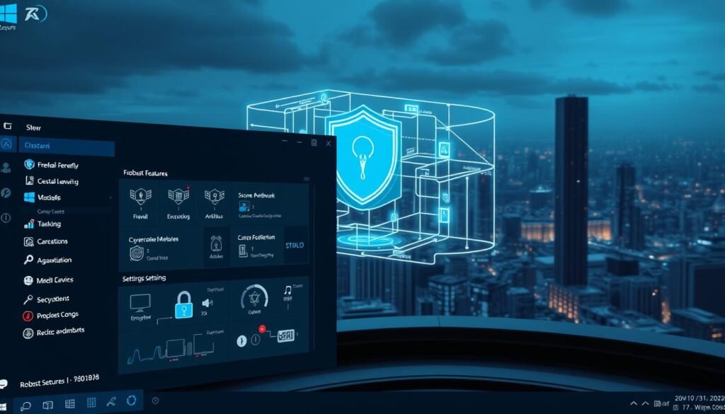 A sleek, futuristic desktop interface showcasing the robust security features of a modern Windows system. In the foreground, a high-resolution display depicts a comprehensive dashboard with intuitive controls for firewall, antivirus, and encryption settings. The middle ground features a 3D holographic projection of a secure network architecture, with data streams flowing seamlessly between devices. In the background, a panoramic cityscape scene conveys a sense of a technologically advanced, cyber-resilient environment. The lighting is cool and subdued, with strategic use of blues and grays to evoke a professional, enterprise-grade aesthetic. The camera angle is slightly elevated, conveying a sense of authority and assurance in the system's protective capabilities.