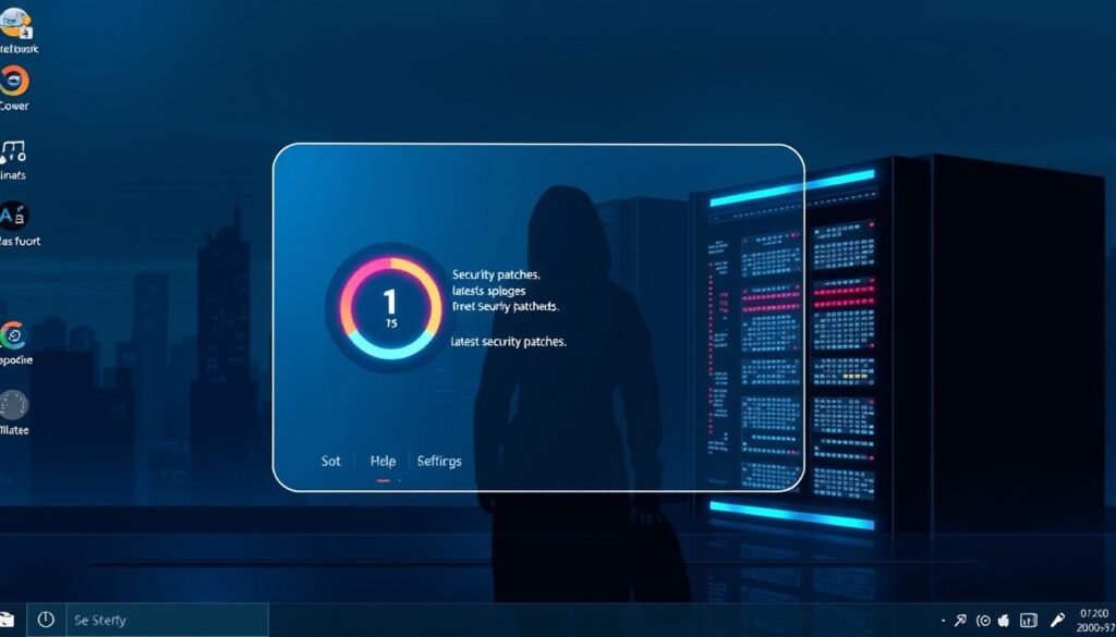 A sleek, futuristic desktop interface with a stylized representation of Linux security patches. In the foreground, a transparent holographic display shows the latest security updates being applied, a vibrant circular progress indicator pulsing with a sense of urgency. In the middle ground, a shadowy silhouette of a server rack, its blinking lights reflecting the importance of a secure Linux system. The background is a subdued, monochromatic cityscape, hinting at the broader digital landscape that these security patches protect. The scene is illuminated by a cool, bluish light, conveying a tone of technological sophistication and the gravity of cybersecurity. A sleek, futuristic desktop interface with a stylized representation of Linux security patches. In the foreground, a transparent holographic display shows the latest security updates being applied, a vibrant circular progress indicator pulsing with a sense of urgency. In the middle ground, a shadowy silhouette of a server rack, its blinking lights reflecting the importance of a secure Linux system. The background is a subdued, monochromatic cityscape, hinting at the broader digital landscape that these security patches protect. The scene is illuminated by a cool, bluish light, conveying a tone of technological sophistication and the gravity of cybersecurity.