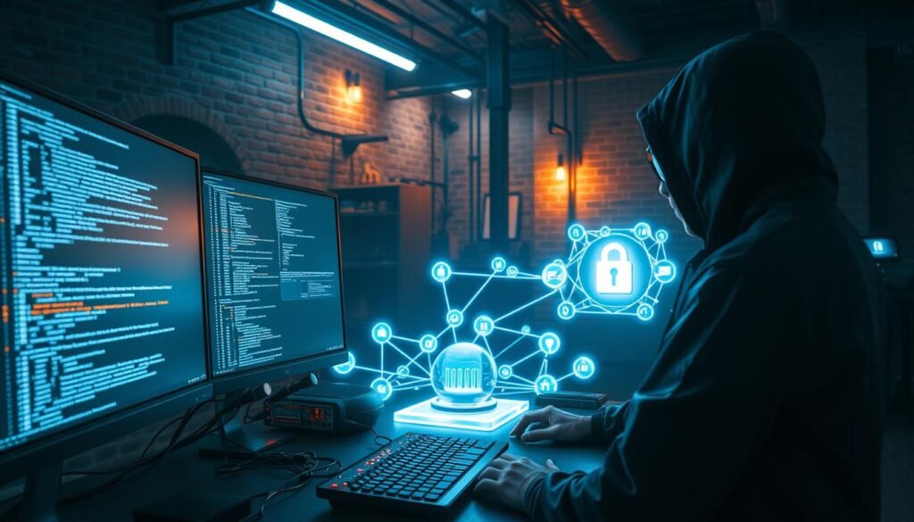 A sleek, futuristic desktop setup showcases the technical skills of an ethical hacker. In the foreground, a high-end gaming PC with multiple monitors displays lines of code and security tools. Cables and peripherals, such as a specialized keyboard and mouse, convey the hacker's attention to detail and precision. The middle ground features a stylized 3D model of a secure network, with nodes and connections illuminated by a soft, ambient glow. In the background, a dimly lit, industrial-style environment with exposed brick walls and moody lighting creates an atmosphere of focus and intensity, perfectly suited for the task at hand.
