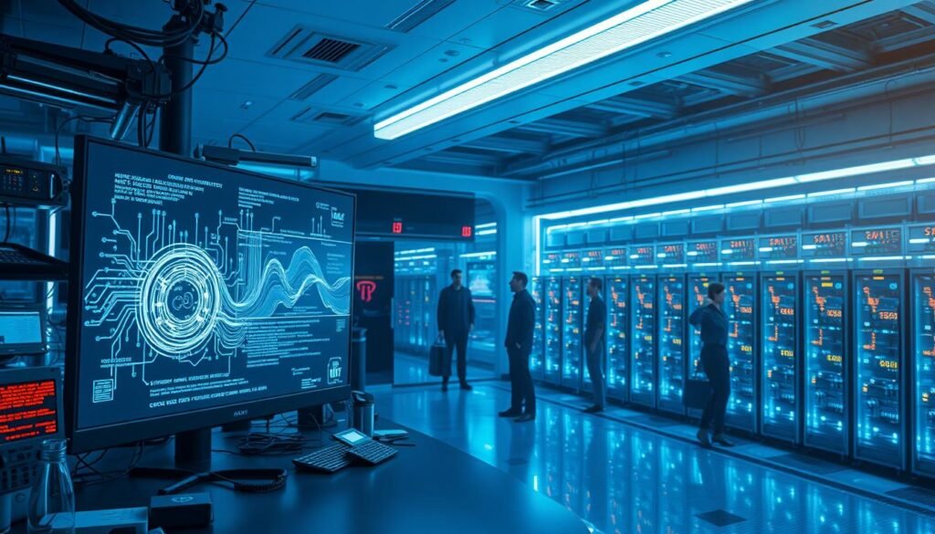 A sleek, futuristic digital forensics laboratory, illuminated by a soft, bluish glow. In the foreground, a high-resolution display shows a complex, ever-changing series of lines, curves, and shapes - the visual representation of a polymorphic malware specimen being analyzed. Diagnostic tools and scientific instruments surround the display, hinting at the advanced techniques used to detect and unravel this elusive threat. The middle ground features a team of cybersecurity experts, their faces lit by the screen's ethereal light, as they study the data with intense concentration. In the background, a vast array of networked servers and data storage systems, their blinking lights and cooling fans suggesting the scale and complexity of the challenge at hand.