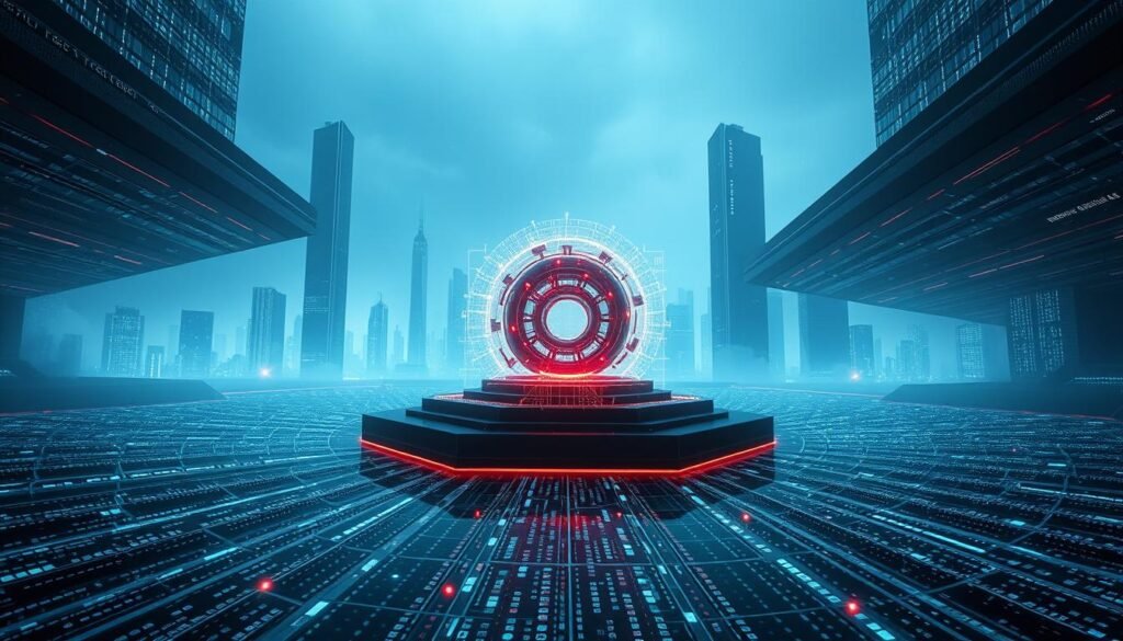 A sleek, futuristic digital landscape with a central structure resembling a complex, ever-changing virus encryption algorithm. The foreground features intricate, kaleidoscopic patterns of binary code and glowing data streams that morph and shift, conveying the polymorphic nature of the virus. The middle ground showcases a three-dimensional, holographic-like representation of the virus' internal mechanisms, with nested layers of rotating, interlocking components. In the background, a minimalist cityscape of towering, hyper-modern architecture bathed in a cool, subdued palette of blues and grays, hinting at the pervasive, elusive nature of the threat. Dramatic lighting and a sense of depth create an immersive, cinematic atmosphere, emphasizing the technical sophistication and invisible, pervasive nature of the polymorphic virus encryption.