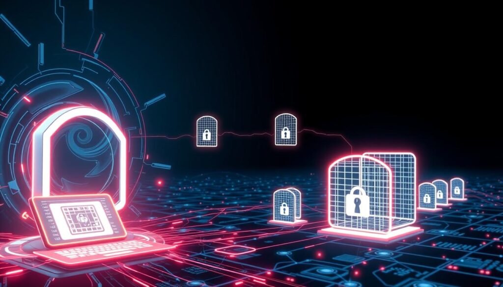 A sleek, futuristic firewall interface evolving through time, showcasing its adaptations to emerging cybersecurity threats. In the foreground, a stylized firewall control panel glows with digital pulses, surrounded by a swirling vortex of data streams and firewalls. In the middle ground, a series of wireframe firewall structures morph and transform, symbolizing their dynamic nature. The background features a vast, abstract landscape of interconnected networks, pulsing with energy and hinting at the broader digital ecosystem the firewall protects. The overall scene conveys a sense of technological sophistication, constant evolution, and the crucial role of firewalls in safeguarding digital environments.