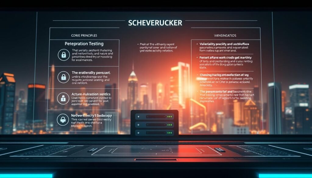 A sleek, futuristic interface showcasing the core principles of ethical hacking. In the foreground, a digital display demonstrates network security concepts like penetration testing and vulnerability assessment. The middle ground features a stylized, low-poly 3D representation of a server rack, hinting at the technical aspects of the discipline. The background depicts a cityscape at night, with skyscrapers and glowing windows, symbolizing the real-world application of ethical hacking in safeguarding digital infrastructure. The overall scene conveys a sense of sophistication, technology, and the delicate balance between offense and defense in the world of cybersecurity.