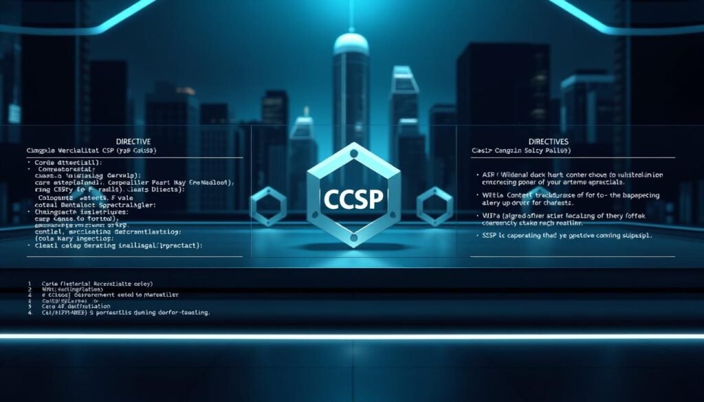 A sleek, futuristic interface showcasing the key components of a Content Security Policy (CSP) header. The foreground displays a series of code snippets and directive explanations, arranged in a clean, minimalist layout. The middle ground features elegant 3D geometric shapes, representing the different directives and their interactions. In the background, a dimly lit cityscape with towering skyscrapers, evoking a sense of modern, secure technology. Soft blue and gray tones create a professional, authoritative atmosphere, while subtle lighting and depth of field draw the viewer's attention to the central CSP information.