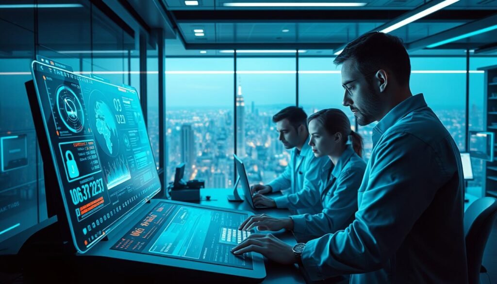 A sleek, futuristic laboratory setting, bathed in a soft, ambient glow. In the foreground, a high-tech security console displays a holographic interface, with intricate data visualizations and real-time threat detection alerts. In the middle ground, a team of detection engineers, their faces illuminated by the glow of their workstations, analyzes complex network traffic and security logs. In the background, a panoramic window reveals a sprawling cityscape, hinting at the scale and complexity of the cyber threats they must navigate. The scene exudes a sense of technological sophistication, precision, and a relentless pursuit of innovation in the field of detection engineering. A sleek, futuristic laboratory setting, bathed in a soft, ambient glow. In the foreground, a high-tech security console displays a holographic interface, with intricate data visualizations and real-time threat detection alerts. In the middle ground, a team of detection engineers, their faces illuminated by the glow of their workstations, analyzes complex network traffic and security logs. In the background, a panoramic window reveals a sprawling cityscape, hinting at the scale and complexity of the cyber threats they must navigate. The scene exudes a sense of technological sophistication, precision, and a relentless pursuit of innovation in the field of detection engineering.