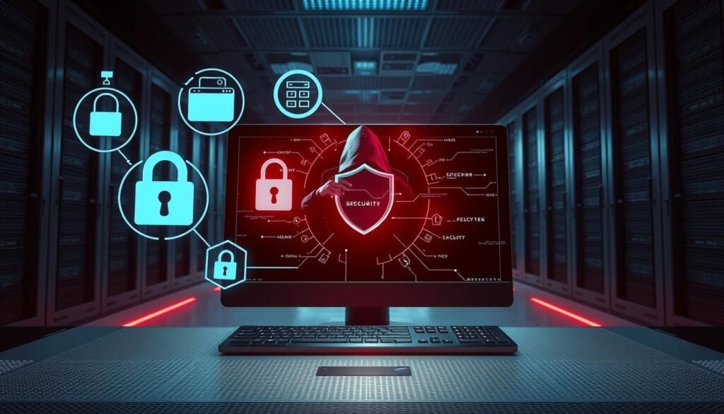 A sleek, futuristic-looking desktop computer with advanced security features prominently displayed. In the foreground, a series of cybersecurity icons and symbols, including a locked padlock, a firewall, and a security shield, hover over the machine. The middle ground features a shadowy figure, representing a hacker, attempting to breach the system, but being repelled by a forcefield of digital defenses. The background depicts a dimly lit, high-tech server room, with racks of equipment and a subtle grid-like pattern on the walls, creating a sense of technological complexity and security. The overall atmosphere is one of strength, resilience, and the relentless battle against cyber threats. A sleek, futuristic-looking desktop computer with advanced security features prominently displayed. In the foreground, a series of cybersecurity icons and symbols, including a locked padlock, a firewall, and a security shield, hover over the machine. The middle ground features a shadowy figure, representing a hacker, attempting to breach the system, but being repelled by a forcefield of digital defenses. The background depicts a dimly lit, high-tech server room, with racks of equipment and a subtle grid-like pattern on the walls, creating a sense of technological complexity and security. The overall atmosphere is one of strength, resilience, and the relentless battle against cyber threats.