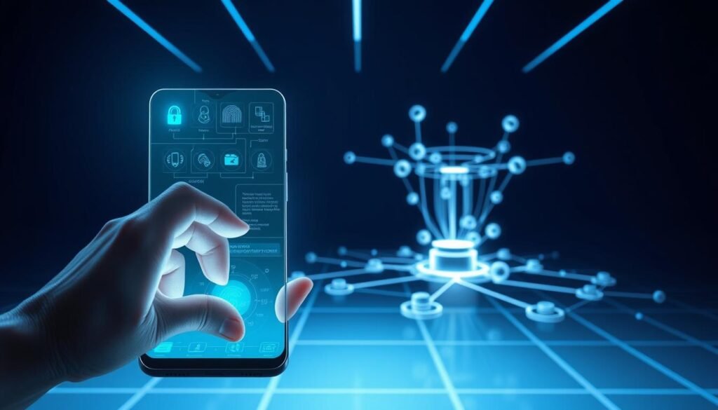 A sleek, futuristic mobile device with a transparent glass-like screen, showcasing a dynamic security interface. The foreground features a user's hand interacting with the screen, highlighting intuitive gesture controls and biometric authentication. The middle ground depicts a network of interconnected devices, symbolizing the integrated, holistic approach to mobile security. The background sets a minimalist, high-tech environment with clean lines, subtle lighting, and a sense of digital sophistication. The overall atmosphere conveys a sense of user empowerment, where mobile security seamlessly blends with the user's experience, offering a balance of protection and convenience. A sleek, futuristic mobile device with a transparent glass-like screen, showcasing a dynamic security interface. The foreground features a user's hand interacting with the screen, highlighting intuitive gesture controls and biometric authentication. The middle ground depicts a network of interconnected devices, symbolizing the integrated, holistic approach to mobile security. The background sets a minimalist, high-tech environment with clean lines, subtle lighting, and a sense of digital sophistication. The overall atmosphere conveys a sense of user empowerment, where mobile security seamlessly blends with the user's experience, offering a balance of protection and convenience.