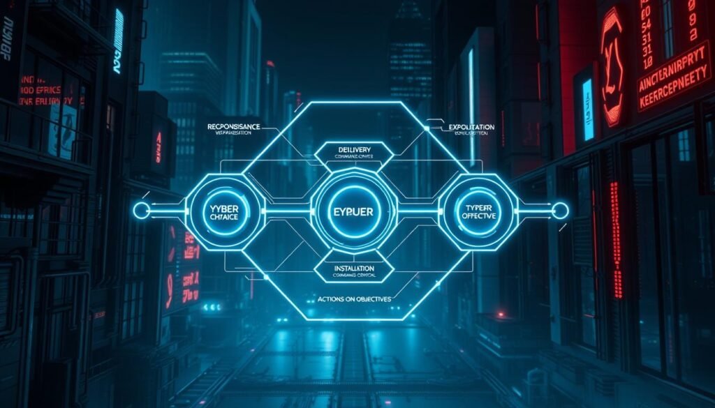 A sleek, futuristic rendering of the cyber kill chain model, depicted against a backdrop of a dark, metallic cityscape. The model's stages - Reconnaissance, Weaponization, Delivery, Exploitation, Installation, Command and Control, and Actions on Objectives - are represented as interconnected, glowing holograms, hovering in a tightly-composed, three-dimensional layout. The scene is illuminated by a cool, cyberpunk-inspired lighting scheme, casting dramatic shadows and highlights across the model's intricate, angular design. The overall mood is one of high-tech sophistication and the gravity of the cyber threat landscape. A sleek, futuristic rendering of the cyber kill chain model, depicted against a backdrop of a dark, metallic cityscape. The model's stages - Reconnaissance, Weaponization, Delivery, Exploitation, Installation, Command and Control, and Actions on Objectives - are represented as interconnected, glowing holograms, hovering in a tightly-composed, three-dimensional layout. The scene is illuminated by a cool, cyberpunk-inspired lighting scheme, casting dramatic shadows and highlights across the model's intricate, angular design. The overall mood is one of high-tech sophistication and the gravity of the cyber threat landscape.