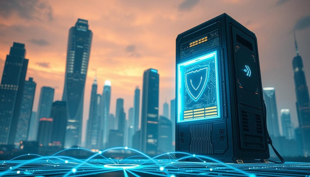 A sleek, futuristic web application firewall stands tall, its intricate circuits and defensive modules illuminated by a soft, ambient glow. In the foreground, a stylized network diagram depicts the flow of data, with the WAF at the center, shielding against potential threats. The background features a cityscape of towering skyscrapers, symbolizing the modern, interconnected digital landscape that the WAF protects. The scene is captured with a cinematic, low-angle perspective, conveying the importance and power of this critical defense layer. The overall mood is one of technological sophistication, security, and the unwavering vigilance required to safeguard web applications in the years to come.