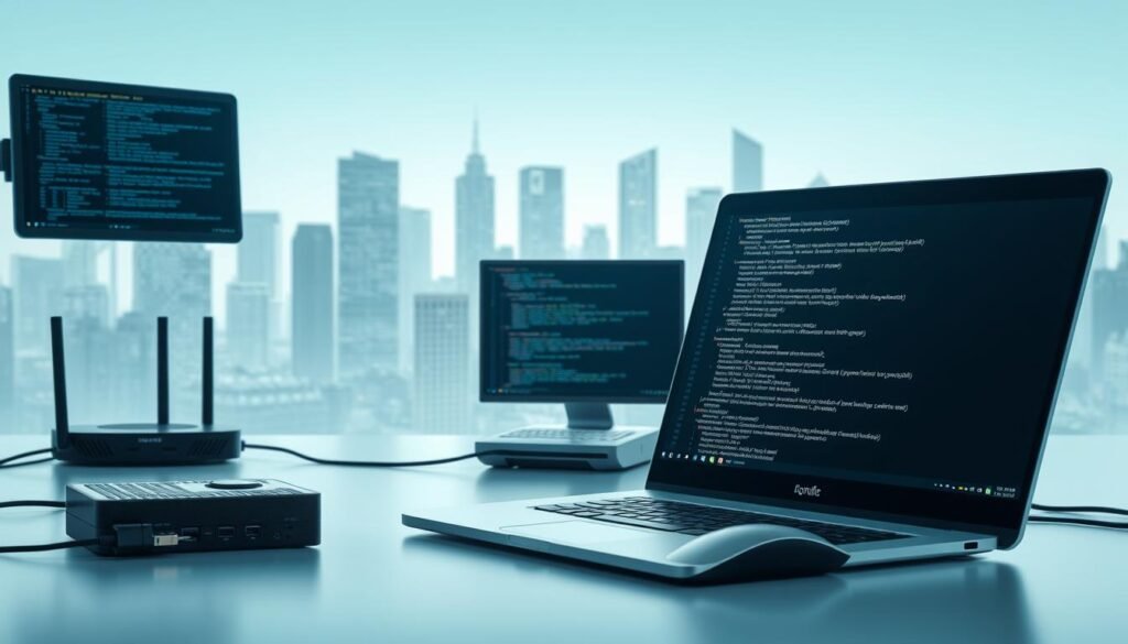 A sleek, futuristic workspace showcasing the core operating systems for ethical hacking. In the foreground, a sophisticated laptop displays terminal windows with lines of code, surrounded by a minimalist desk setup with a stylized mouse and keyboard. The middle ground features various networking devices and cybersecurity tools, including a router, a hardware hacking device, and a USB security key. The background presents a stylized cityscape, conveying a sense of technology, innovation, and the urban landscape that ethical hackers navigate. Soft, cool-toned lighting and a clean, monochromatic color palette create a professional, focused atmosphere, emphasizing the importance of foundational knowledge in the field of ethical hacking.