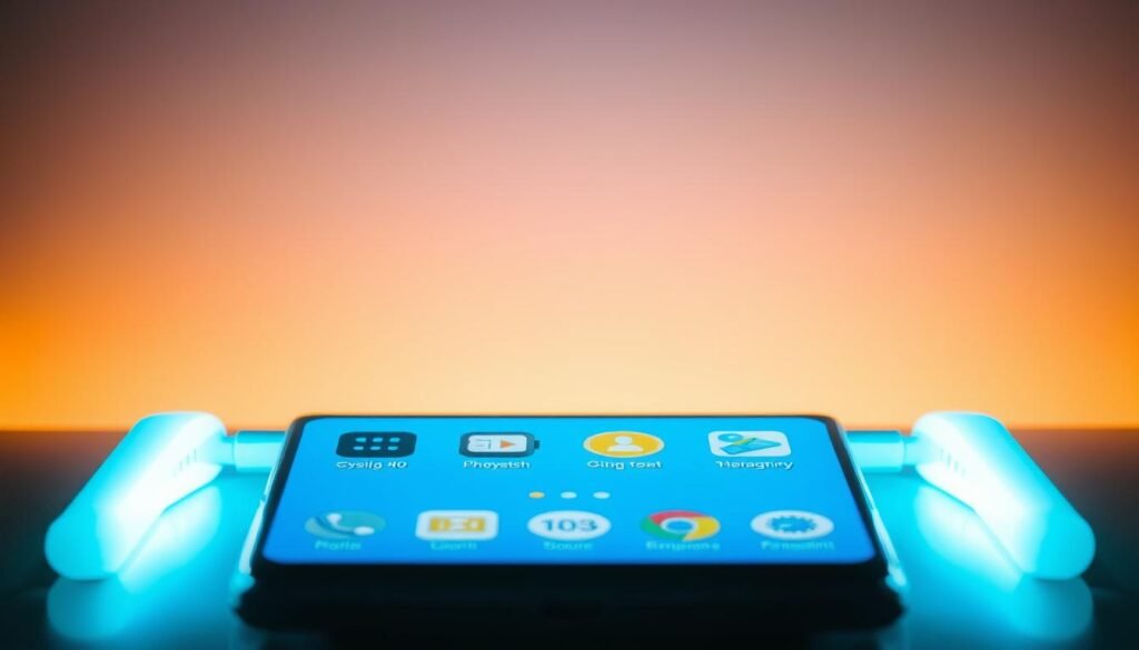 A sleek, high-resolution image of an android device's home screen, showcasing a variety of apps neatly arranged. The screen is brightly lit, with a soft, warm glow emanating from the display. The apps are depicted with crisp, detailed icons, representing a mix of essential system tools, productivity apps, and entertainment options. The background is a subtle, minimalist gradient, allowing the apps to take center stage. The overall composition is clean, well-balanced, and conveys a sense of organization and functionality, reflecting the section's focus on managing android bloatware without compromising the device's performance or usability.