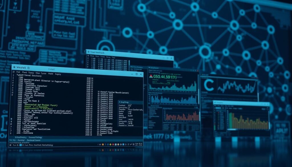 A sleek, high-resolution interface overview of the Wireshark network analysis tool. The foreground showcases the main program window, with its intuitive packet capture and display panels, detailed protocol information, and real-time traffic analysis graphs. The middle ground features a series of floating windows, each highlighting specific functionalities like packet filtering, protocol dissection, and network statistics. The background subtly depicts a network diagram, conveying the tool's comprehensive view of network communications. Lighting is soft and even, with a professional, technical aesthetic. The camera angle provides an angled, three-quarter view, giving the image depth and a sense of depth. The overall tone is one of clarity, precision, and empowered network troubleshooting.