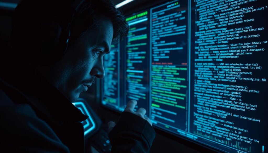A sleek, high-tech control panel dimly lit by a pulsing blue-green glow. Holographic displays flicker with lines of complex code, representing the intricate, invisible nature of fileless malware. In the foreground, a detective-like figure examines the panel, brow furrowed in concentration, searching for the elusive digital footprints. The background is shrouded in shadows, emphasizing the stealthy, undetectable nature of this emerging cyber threat. The scene conveys a sense of mystery, urgency, and the constant battle between advanced malware and sophisticated detection methods. A sleek, high-tech control panel dimly lit by a pulsing blue-green glow. Holographic displays flicker with lines of complex code, representing the intricate, invisible nature of fileless malware. In the foreground, a detective-like figure examines the panel, brow furrowed in concentration, searching for the elusive digital footprints. The background is shrouded in shadows, emphasizing the stealthy, undetectable nature of this emerging cyber threat. The scene conveys a sense of mystery, urgency, and the constant battle between advanced malware and sophisticated detection methods.