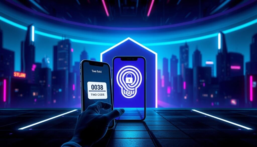 A sleek, high-tech digital security scene depicting two-factor authentication. In the foreground, a stylized smartphone screen displays a numeric code, conveying the two-step verification process. The middle ground features a biometric security scanner, such as a fingerprint reader or facial recognition, highlighting the multiple layers of authentication. The background showcases a shadowy, futuristic cityscape with glowing neon accents, creating an atmosphere of advanced, impenetrable digital safeguards. Dramatic lighting, moody blues and purples, and a minimalist, geometric design aesthetic convey the importance and sophistication of robust two-factor authentication.