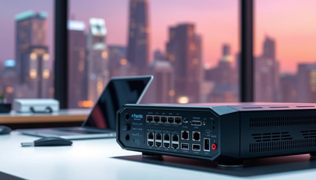 A sleek, high-tech network scanner positioned prominently in the foreground, its various ports and interfaces illuminated by a soft, diffused lighting. The scanner rests on a modern, minimalist desk, surrounded by a clutter-free workspace. In the middle ground, a laptop and a few accessories hint at the scanner's integration into a larger IT setup. The background features a blurred cityscape, evoking a sense of a professional, enterprise-level environment. The overall mood is one of efficiency, precision, and technological prowess, befitting the top-tier network scanning tools reviewed in the article.