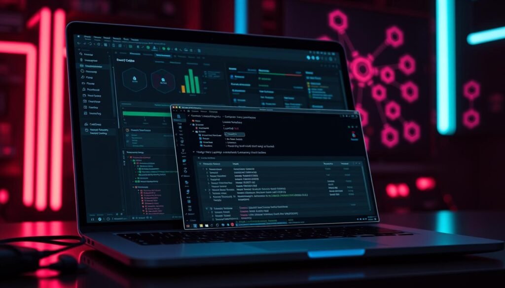 A sleek laptop screen displaying a complex interface showcasing various security analytics and threat detection tools. In the foreground, a prominent window highlights the Log4j vulnerability, with detailed information and diagnostic logs. The background features a network topology diagram, with nodes and connections representing the server infrastructure. Subtle neon-like accents and a subdued color palette create a sophisticated, high-tech atmosphere, conveying the seriousness and importance of the task at hand - detecting and addressing the critical Log4j vulnerability across the organization's systems. A sleek laptop screen displaying a complex interface showcasing various security analytics and threat detection tools. In the foreground, a prominent window highlights the Log4j vulnerability, with detailed information and diagnostic logs. The background features a network topology diagram, with nodes and connections representing the server infrastructure. Subtle neon-like accents and a subdued color palette create a sophisticated, high-tech atmosphere, conveying the seriousness and importance of the task at hand - detecting and addressing the critical Log4j vulnerability across the organization's systems.