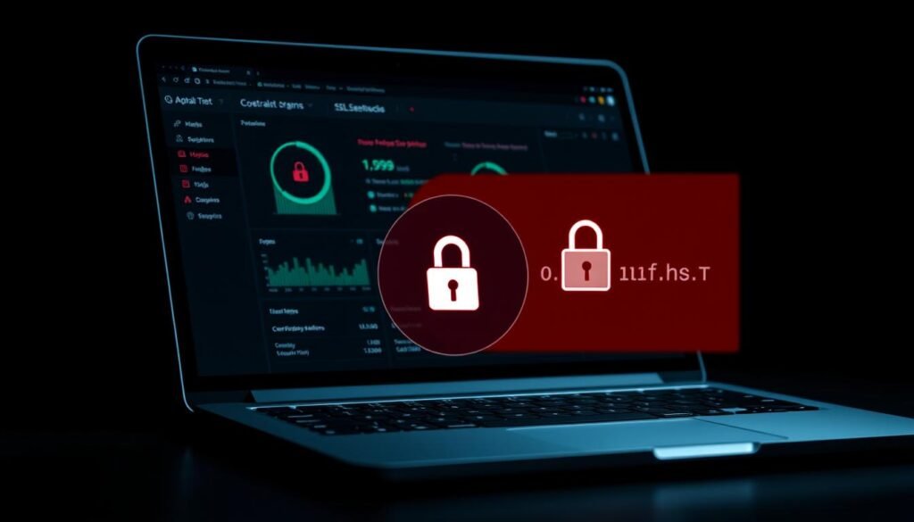 A sleek laptop screen displaying a network monitoring dashboard, showcasing various security metrics and threat detection indicators. In the foreground, an enlarged view of a suspicious network connection, with telltale signs of an SSL stripping attack - the padlock icon has been replaced by an unsecured HTTP link. The background features a minimalist, high-contrast interface with clean lines and a dark color scheme, conveying a sense of vigilance and technical precision. Subtle lighting casts dramatic shadows, emphasizing the gravity of the situation and the need for proactive cybersecurity measures.