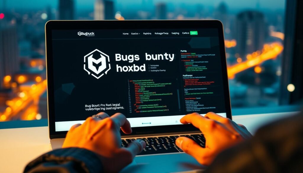 A sleek laptop screen displaying a website showcasing a bug bounty program, its logo and interface prominently featured. In the foreground, a hacker's hands expertly navigating the website, examining code snippets and vulnerability reports. The background is a softly blurred cityscape, hinting at the real-world applications of these legal hacking skills. The scene is bathed in a warm, focused lighting, creating a sense of concentration and discovery. The overall mood is one of productive engagement, reflecting the educational and skill-building nature of bug bounty programs.