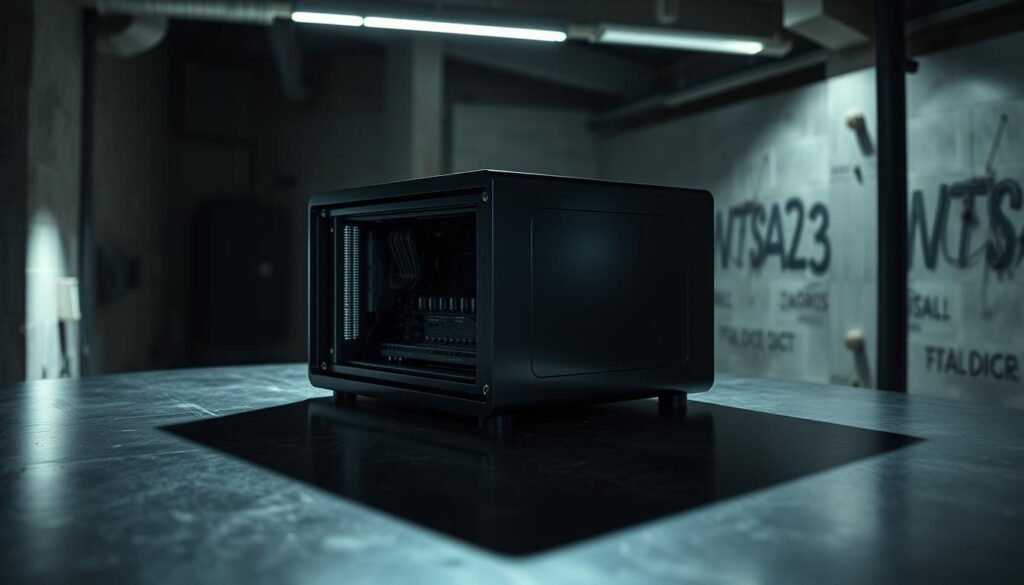 A sleek, metallic black box sits atop a steel table, casting a subtle shadow on the surface. The device's casing is a smooth, glossy finish, hinting at the complex internal components and advanced technology within. Dramatic lighting illuminates the box from an angle, creating dramatic shadows and highlights that accentuate its angular, minimalist design. The surrounding environment is a dimly lit, industrial workspace, with concrete walls and a sense of technical precision. The overall mood is one of mystery and technological intrigue, suggesting the box's potential for both malicious and beneficial applications.