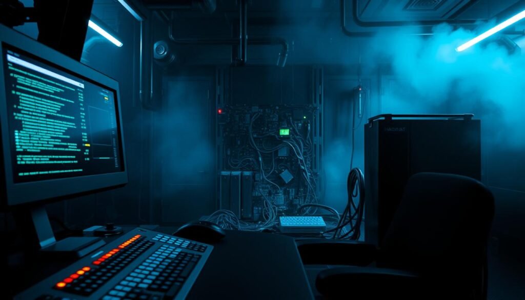 A sleek, metallic command console illuminates the shadowy foreground, its glowing displays and switches hinting at the powerful attack modes within. In the middle ground, a cluster of intricate circuit boards and interconnected modules suggest the intricate workings of a sophisticated password-cracking system. The background is shrouded in a moody, industrial atmosphere, with a haze of blue and green hues casting an ominous glow over the scene. Crisp, high-contrast lighting emphasizes the technical details, creating a sense of precision and efficiency in the exploration of Hashcat's attack modes.