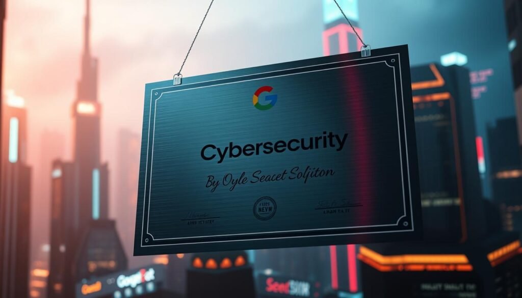 A sleek, metallic-looking certificate suspended in a futuristic, cyberpunk-inspired setting. The certificate has the Google Cybersecurity logo prominently displayed, with subtle shimmering effects and a clean, minimalist design. The background features a dimly lit cityscape with neon-colored skyscrapers and holographic displays, conveying a sense of technological sophistication and innovation. Diffuse lighting casts a warm, atmospheric glow, while a slightly low camera angle adds a sense of grandeur and importance to the certificate. The overall impression is one of a prestigious, high-value credential in the rapidly evolving field of cybersecurity.