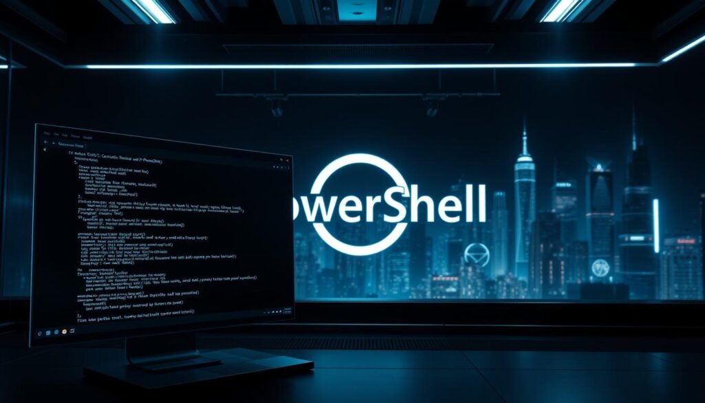 A sleek, metallic user interface with a dark, futuristic aesthetic, showcasing the PowerShell scripting language in action. The foreground features a terminal window displaying PowerShell commands and output, surrounded by a minimalist, high-tech layout. The middle ground presents a three-dimensional representation of the PowerShell logo, emanating a subtle glow. The background depicts a stylized, cyberpunk-inspired cityscape, hinting at the powerful capabilities of PowerShell in the realm of cybersecurity. The scene is illuminated by a combination of cool, directional lighting and subtle ambient lighting, creating a sense of depth and dynamism. The overall mood is one of technological sophistication and the underlying power of the PowerShell scripting language. A sleek, metallic user interface with a dark, futuristic aesthetic, showcasing the PowerShell scripting language in action. The foreground features a terminal window displaying PowerShell commands and output, surrounded by a minimalist, high-tech layout. The middle ground presents a three-dimensional representation of the PowerShell logo, emanating a subtle glow. The background depicts a stylized, cyberpunk-inspired cityscape, hinting at the powerful capabilities of PowerShell in the realm of cybersecurity. The scene is illuminated by a combination of cool, directional lighting and subtle ambient lighting, creating a sense of depth and dynamism. The overall mood is one of technological sophistication and the underlying power of the PowerShell scripting language.