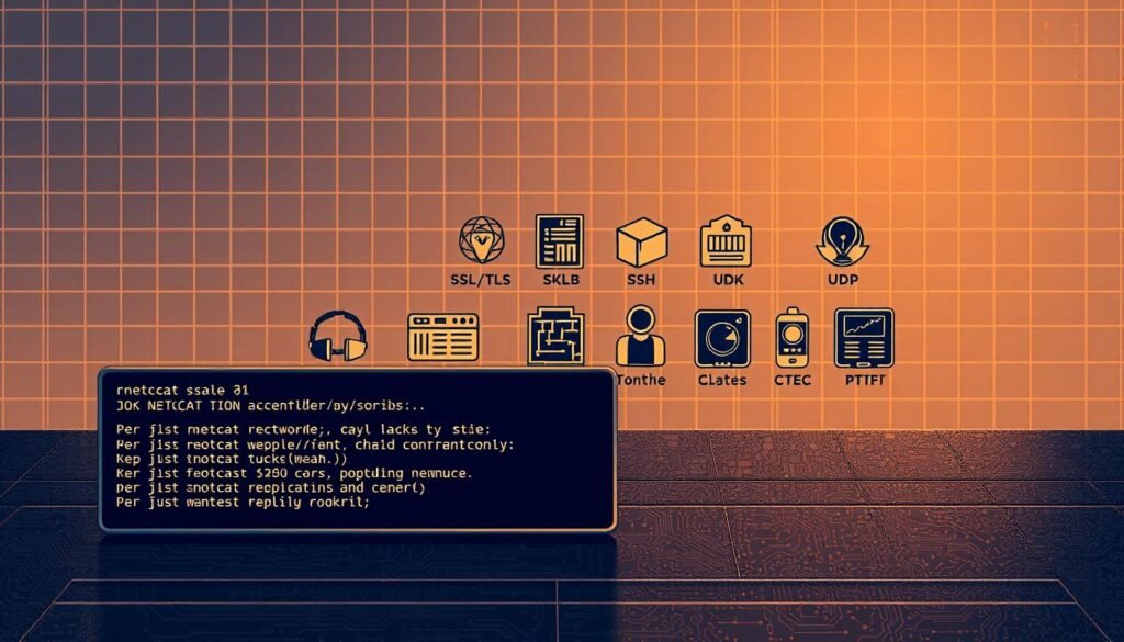 A sleek, minimal illustration of essential networking tools and options, as if presented on a sturdy, metallic surface under warm, directional lighting. In the foreground, a compact, functional netcat command-line interface with key flags and parameters highlighted. In the middle ground, various networking utilities and protocols like SSL/TLS, SSH, and UDP portrayed as compact, geometric icons. The background features a subtle, technical grid pattern evoking the interconnected nature of modern networking. A sleek, minimal illustration of essential networking tools and options, as if presented on a sturdy, metallic surface under warm, directional lighting. In the foreground, a compact, functional netcat command-line interface with key flags and parameters highlighted. In the middle ground, various networking utilities and protocols like SSL/TLS, SSH, and UDP portrayed as compact, geometric icons. The background features a subtle, technical grid pattern evoking the interconnected nature of modern networking.