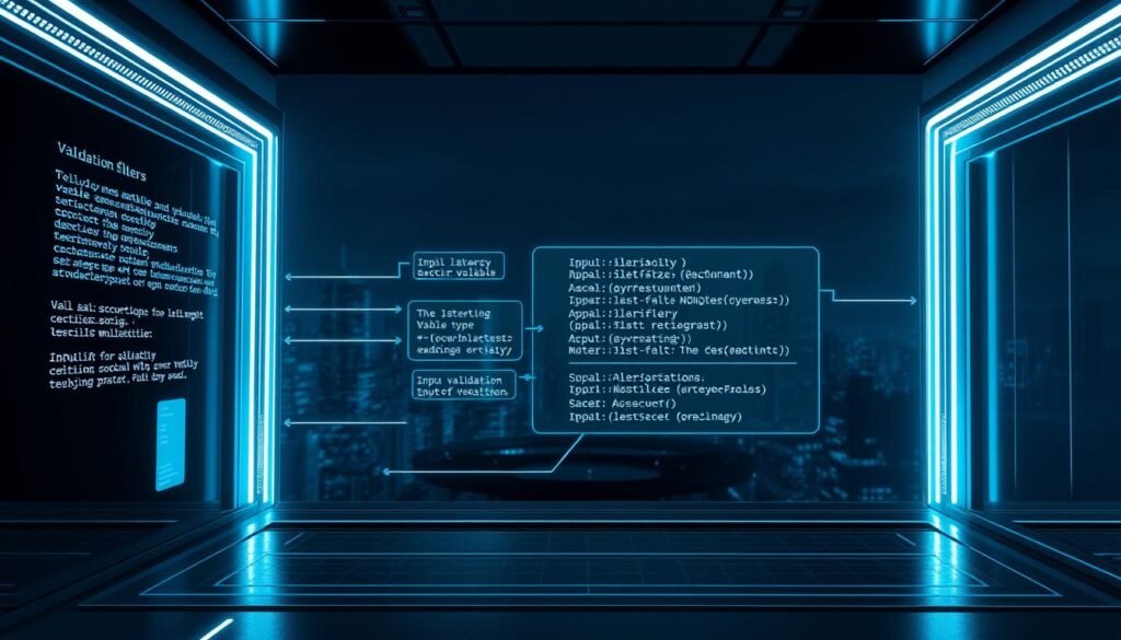 A sleek, minimalist API interface showcasing the process of input validation. The foreground features a stylized representation of input data flowing through a secure gateway, with dynamic filters and security checks. In the middle ground, a series of holographic displays highlights the underlying data structures, variable types, and validation rules. The background depicts a futuristic cityscape, hinting at the broader context of secure API development. The scene is bathed in a cool, digital color palette, with dramatic lighting casting sharp shadows to convey the importance of rigorous input hardening. The overall atmosphere is one of precision, control, and technological prowess. A sleek, minimalist API interface showcasing the process of input validation. The foreground features a stylized representation of input data flowing through a secure gateway, with dynamic filters and security checks. In the middle ground, a series of holographic displays highlights the underlying data structures, variable types, and validation rules. The background depicts a futuristic cityscape, hinting at the broader context of secure API development. The scene is bathed in a cool, digital color palette, with dramatic lighting casting sharp shadows to convey the importance of rigorous input hardening. The overall atmosphere is one of precision, control, and technological prowess.