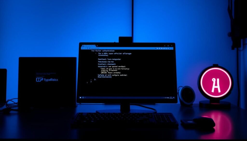 A sleek, minimalist Linux desktop with a terminal window prominently displayed. The terminal screen shows a command prompt with the text "ssh" and two-factor authentication options. The desktop is bathed in a cool, blue-tinted lighting, creating a professional, cybersecurity-themed atmosphere. The scene is captured from a slightly elevated angle, emphasizing the technical nature of the setup. Subtle details like desktop icons, wallpaper, and window decorations complement the overall aesthetic, conveying a sense of a secure, well-configured Linux system ready for two-factor authentication implementation.