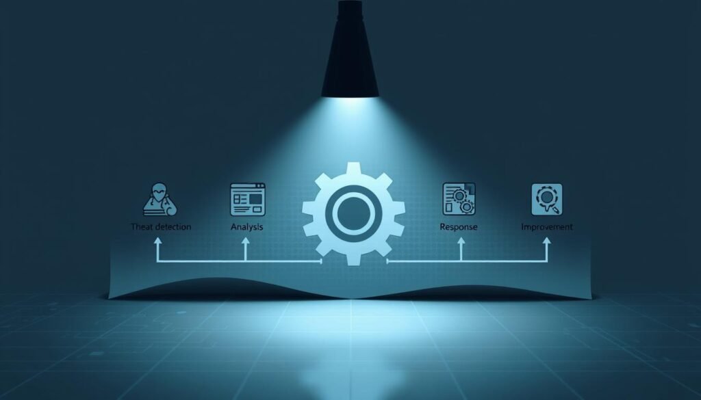 A sleek, minimalist blueprint of the detection engineering lifecycle unfolds, illuminated by a soft, directional light. In the foreground, icons representing the key stages - threat detection, analysis, response, and improvement - are neatly arranged, their clean lines and monochrome palette conveying a sense of order and efficiency. The middle ground features a series of interconnected gears, symbolizing the cyclical, iterative nature of the process. In the background, a grid-like pattern suggests the underlying data and technology that powers the lifecycle, while muted tones of gray and blue evoke the methodical, analytical nature of the work. The overall composition exudes a professional, problem-solving atmosphere, perfectly suited to illustrate the detection engineering lifecycle. A sleek, minimalist blueprint of the detection engineering lifecycle unfolds, illuminated by a soft, directional light. In the foreground, icons representing the key stages - threat detection, analysis, response, and improvement - are neatly arranged, their clean lines and monochrome palette conveying a sense of order and efficiency. The middle ground features a series of interconnected gears, symbolizing the cyclical, iterative nature of the process. In the background, a grid-like pattern suggests the underlying data and technology that powers the lifecycle, while muted tones of gray and blue evoke the methodical, analytical nature of the work. The overall composition exudes a professional, problem-solving atmosphere, perfectly suited to illustrate the detection engineering lifecycle.