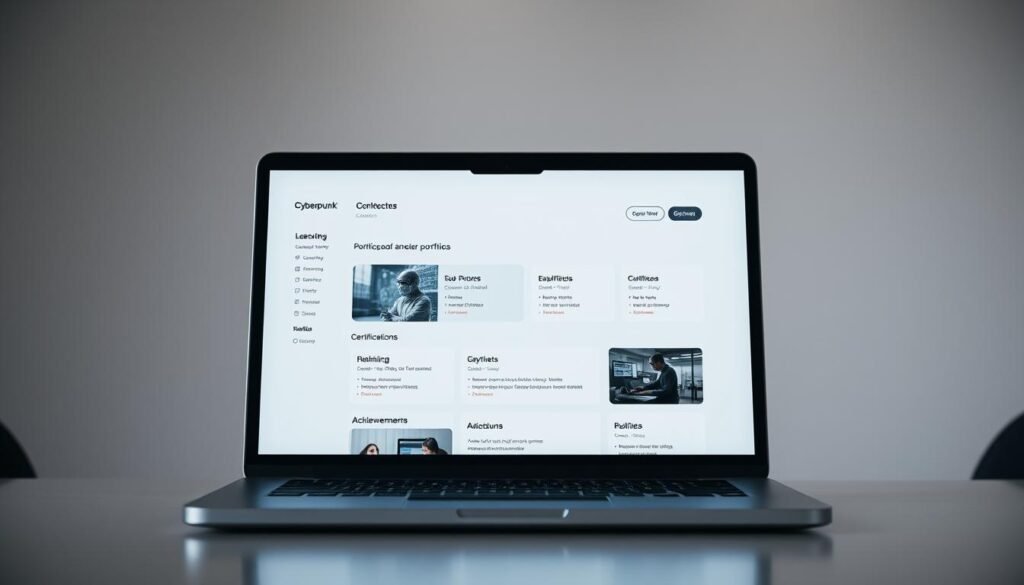 A sleek, minimalist cybersecurity portfolio platform displayed on a laptop screen, set against a backdrop of a subtle, low-key office environment. The platform features clean, intuitive navigation, showcasing a collection of cybersecurity projects, certifications, and achievements in a visually engaging manner. Soft, directional lighting from the side illuminates the screen, casting gentle shadows that add depth and dimension to the scene. The overall mood is one of professionalism, organization, and a focus on showcasing the user's cybersecurity expertise and capabilities. A sleek, minimalist cybersecurity portfolio platform displayed on a laptop screen, set against a backdrop of a subtle, low-key office environment. The platform features clean, intuitive navigation, showcasing a collection of cybersecurity projects, certifications, and achievements in a visually engaging manner. Soft, directional lighting from the side illuminates the screen, casting gentle shadows that add depth and dimension to the scene. The overall mood is one of professionalism, organization, and a focus on showcasing the user's cybersecurity expertise and capabilities.