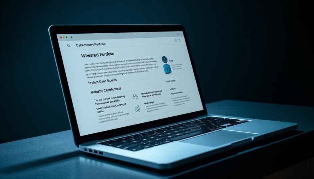 A sleek, minimalist cybersecurity portfolio showcased on a modern, brushed metal laptop. The portfolio displays a clean, organized layout with sections highlighting technical skills, project case studies, and industry certifications. Soft, directional lighting from the side creates depth and emphasizes the crisp, high-quality visuals. The laptop is positioned at a slight angle, conveying a sense of professionalism and attention to detail. The overall mood is one of competence, expertise, and a passion for the cybersecurity field. A sleek, minimalist cybersecurity portfolio showcased on a modern, brushed metal laptop. The portfolio displays a clean, organized layout with sections highlighting technical skills, project case studies, and industry certifications. Soft, directional lighting from the side creates depth and emphasizes the crisp, high-quality visuals. The laptop is positioned at a slight angle, conveying a sense of professionalism and attention to detail. The overall mood is one of competence, expertise, and a passion for the cybersecurity field.
