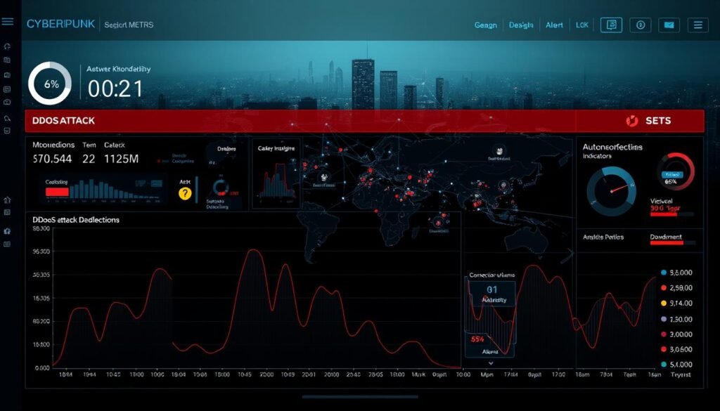 A sleek, minimalist dashboard displaying real-time data visualizations of network traffic patterns, connection volumes, and anomaly detection metrics. The foreground features a bold, high-contrast graph charting the ebb and flow of DDoS attack indicators, with customizable filters and analysis tools. In the middle ground, a comprehensive map of global network nodes and interconnections, pulsing with color-coded alerts. The background is a moody, monochromatic cityscape, hinting at the vast scale and complexity of the digital landscape under scrutiny. Crisp, cinematic lighting accentuates the sense of urgency and precision required for effective DDoS monitoring and mitigation.