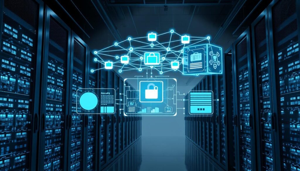 A sleek, minimalist data center with rows of towering server racks, their surfaces shimmering under bright, focused lighting. In the foreground, a holographic display projects intricate security protocols, secure container images, and real-time threat monitoring dashboards. Floating above the racks, a network of interconnected nodes represents a decentralized, multi-layered security framework, safeguarding the containerized applications. The background is a hazy, metallic gray, conveying a sense of industrial power and technological sophistication. The overall mood is one of control, precision, and unwavering protection. A sleek, minimalist data center with rows of towering server racks, their surfaces shimmering under bright, focused lighting. In the foreground, a holographic display projects intricate security protocols, secure container images, and real-time threat monitoring dashboards. Floating above the racks, a network of interconnected nodes represents a decentralized, multi-layered security framework, safeguarding the containerized applications. The background is a hazy, metallic gray, conveying a sense of industrial power and technological sophistication. The overall mood is one of control, precision, and unwavering protection.