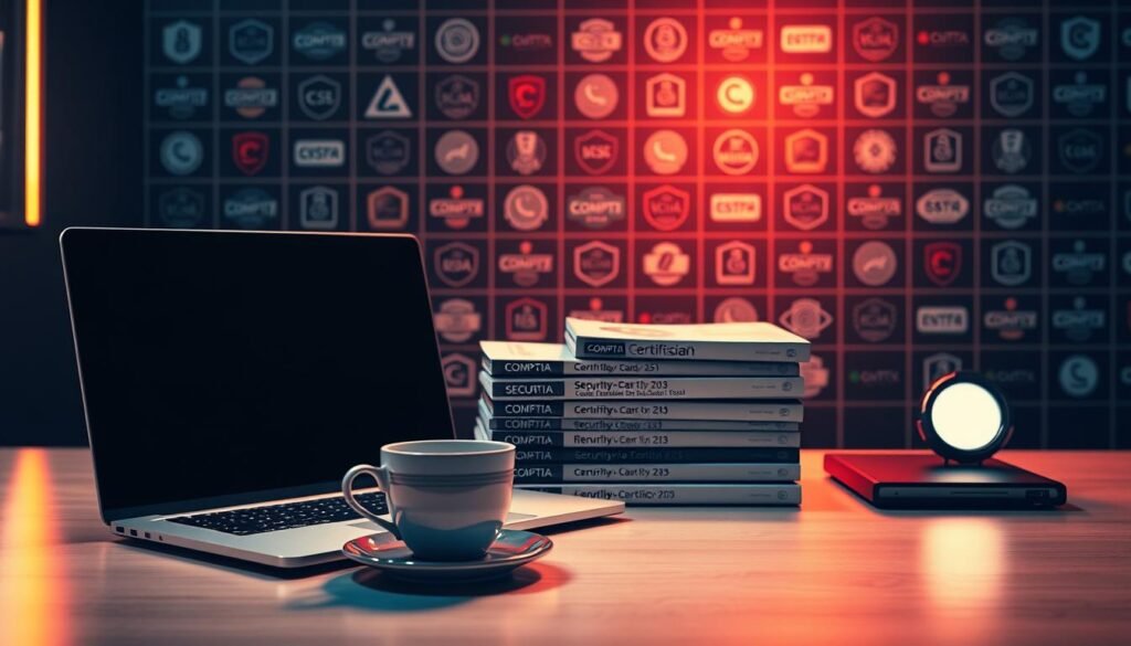 A sleek, minimalist desk setup showcasing CompTIA certification costs and renewal details. In the foreground, a laptop and a cup of coffee sit atop a clean, wooden surface, bathed in warm, directional lighting. In the middle ground, a stack of CompTIA certification materials, including course guides and exam vouchers, neatly arranged. The background features a subtle grid of certification logos, conveying the breadth of CompTIA's offerings. The overall scene radiates a professional, informative atmosphere, providing a visually engaging representation of the costs and recertification process for Security+ and CySA+ certifications.